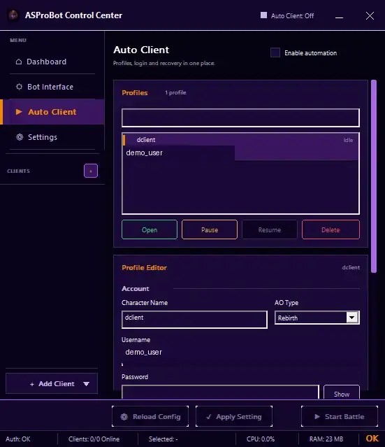 Daftar profile Auto Client