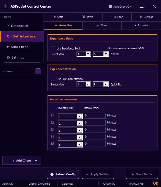 Tab Auto Use pada Bot Interface Control Center