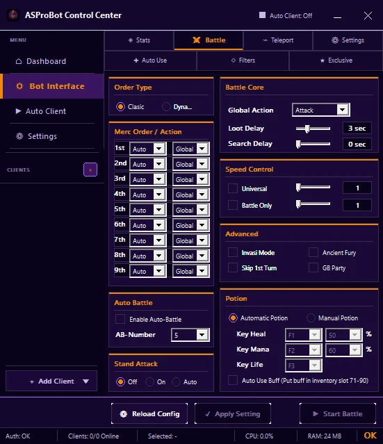 Tab Battle pada Bot Interface Control Center