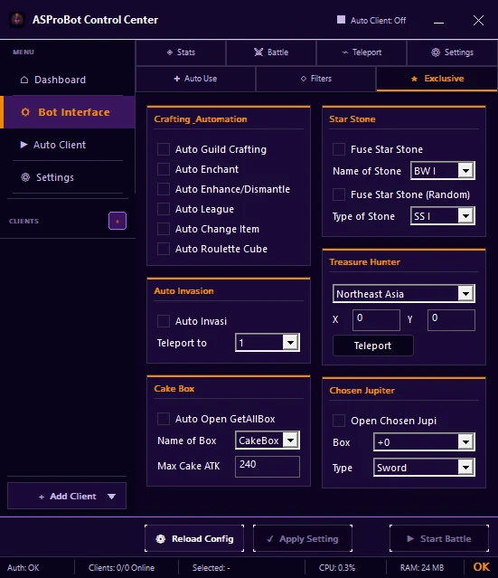 Tab Exclusive pada Bot Interface Control Center