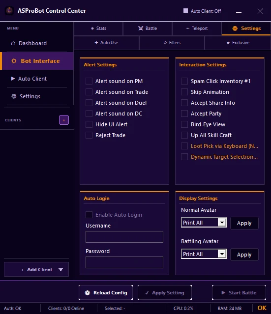 Tab Settings pada Bot Interface Control Center