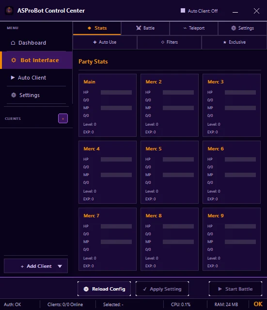 Tab Stats pada Bot Interface Control Center