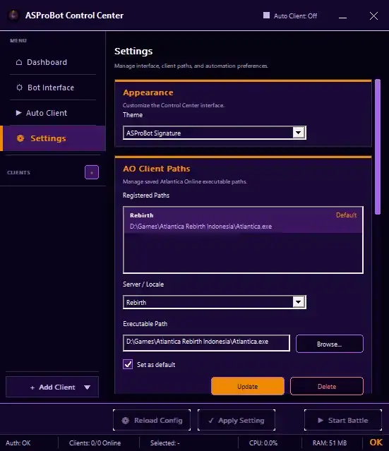 AO Client Paths pada Settings Control Center